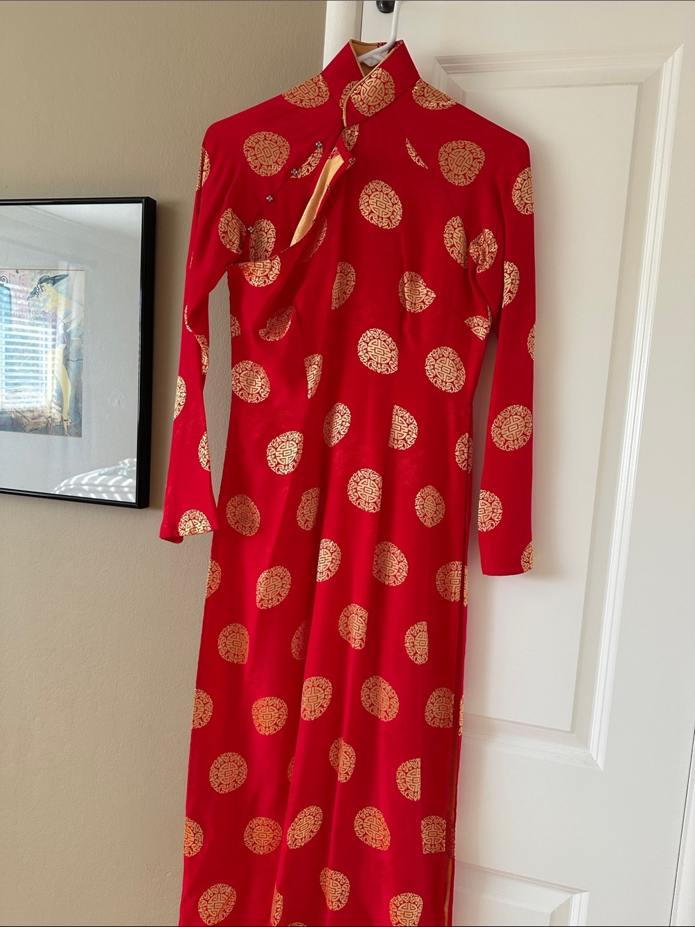 Ao Dai Vietnamese long Dress with Gold Medallion Print